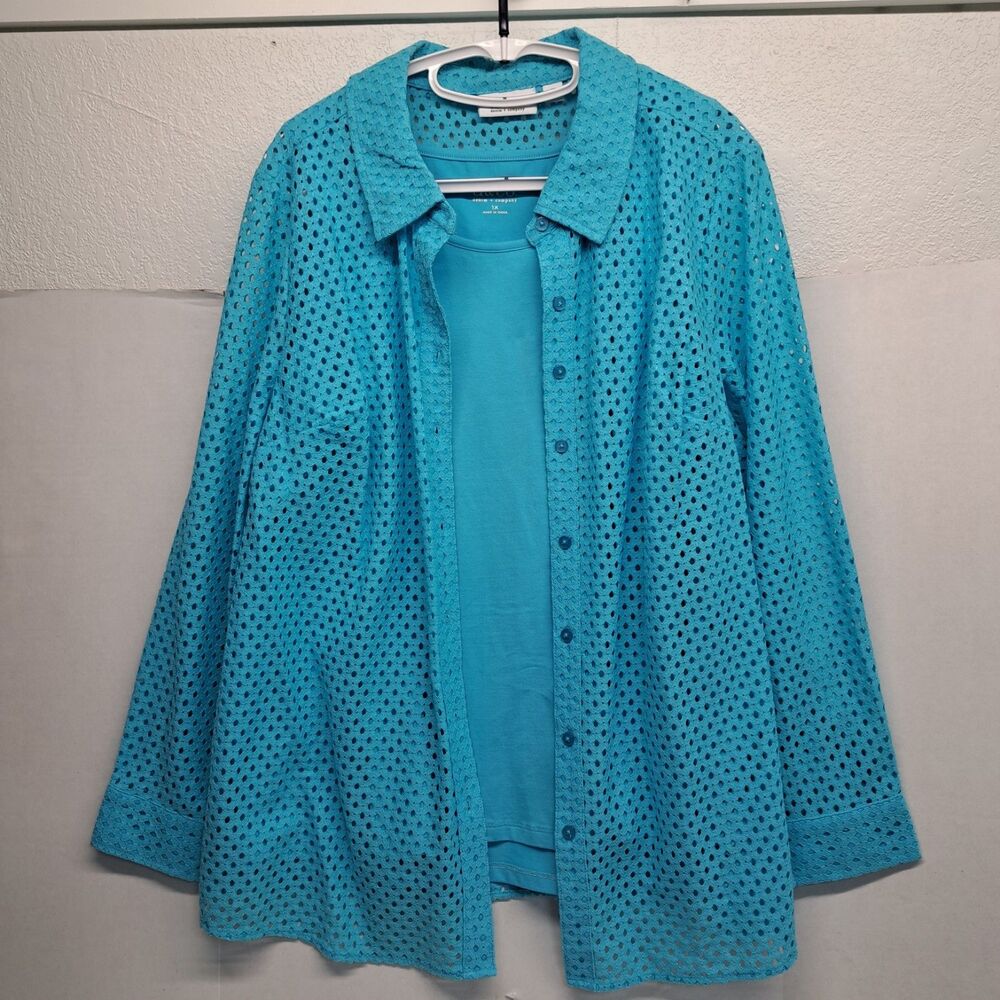 Denim & Co. Cotton Button Front Eyelet Shirt and Tank Turquoise 1X (2 Piece)